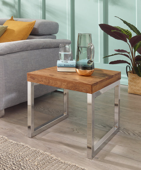 Rootz Side Table - Solid Wood - Sheesham - Metal Frame - Living Room Table - Dark Brown - Country House Style