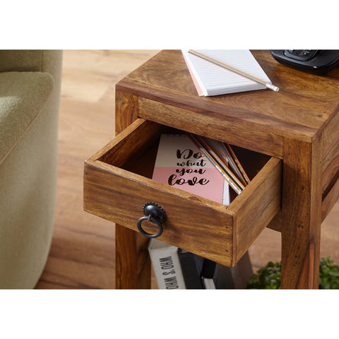 Rootz Bijzettafel - Massief Houten Bijzettafel - Telefoontafel - Handgemaakt - Lade - Bruin - 30 x 30 x 68 cm