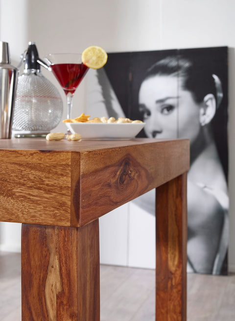 Rootz Bistrotisch – Bartisch aus Hartholz Sheesham – Landhausstil – Quadratischer Bistrotisch aus Holz – Dunkelbraun – 80 x 80 x 110 cm