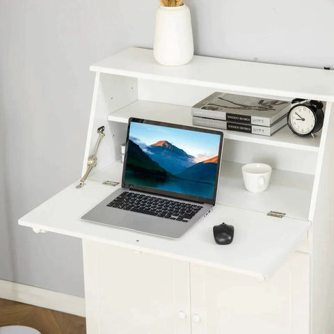 Rootz Bureau - Secretaresse Bureau - Ladekast - Schrijfkist Flap - Secretaresse Ruimtebesparend - Computertafel Met Kast -thuis - Kantoor - Wit - 82 x 38,5 x 107 cm
