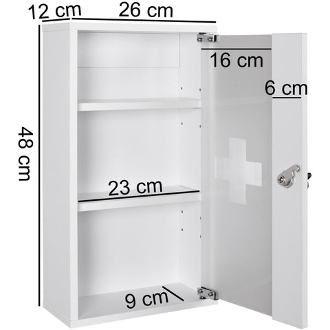 Rootz Medicine Cabinet -  White Wood - Lockable with 3 Compartments - Glass Door First Aid Cabinet with Cross - Wall-Mounted Medicine Chest -  26 x 48 x 12 cm
