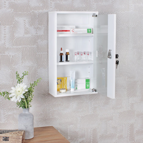 Rootz Medicine Cabinet -  White Wood - Lockable with 3 Compartments - Glass Door First Aid Cabinet with Cross - Wall-Mounted Medicine Chest -  26 x 48 x 12 cm