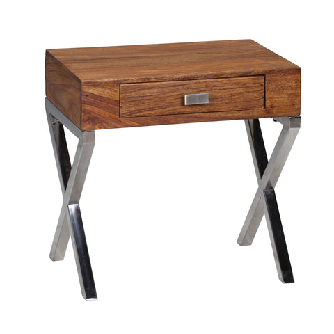 Rootz Bedside table - Sideboard - Solid Wood - - Drawer - Brown - Silver - Industrial - Chrome