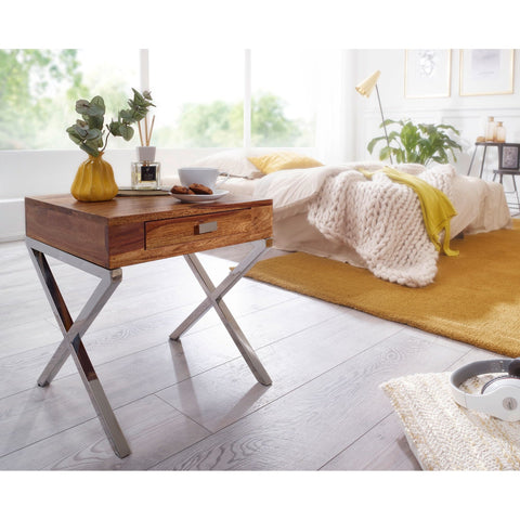 Rootz Bedside table - Sideboard - Solid Wood - - Drawer - Brown - Silver - Industrial - Chrome