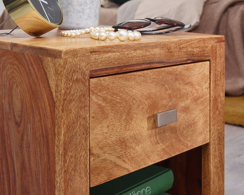 Rootz Bedside Table - Solid Sheesham Wood - Brown Nightstand with Drawer and Storage Compartment - Country Style Real Wood Bedside Cabinet - 40 x 40 x 30 cm