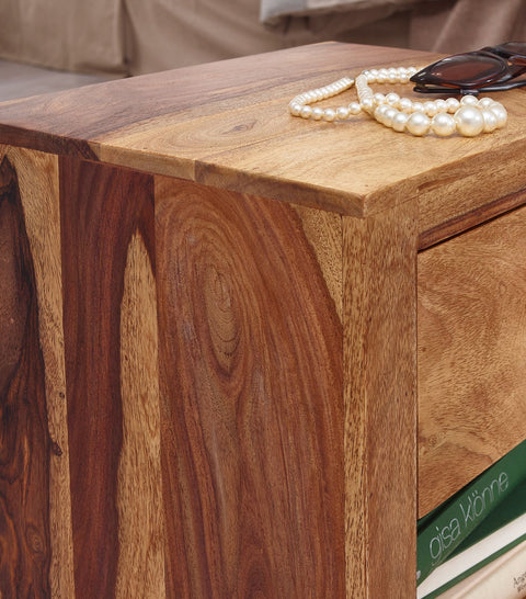Rootz Bedside Table - Solid Sheesham Wood - Brown Nightstand with Drawer and Storage Compartment - Country Style Real Wood Bedside Cabinet - 40 x 40 x 30 cm