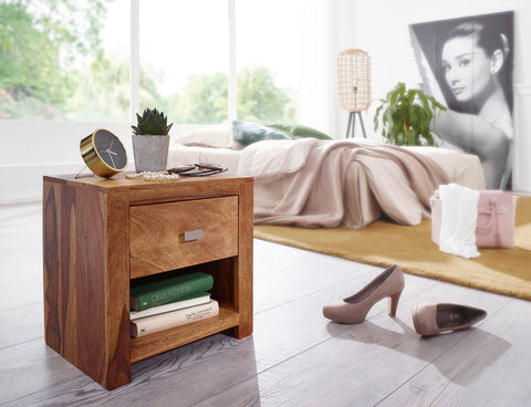 Rootz Bedside Table - Solid Sheesham Wood - Brown Nightstand with Drawer and Storage Compartment - Country Style Real Wood Bedside Cabinet - 40 x 40 x 30 cm