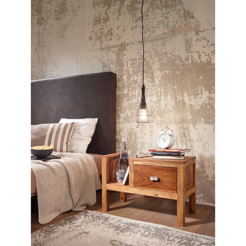 Rootz Bedside Table - Solid Wood Bedside Table - - Newspaper Rack - Drawer - Side Table - Brown