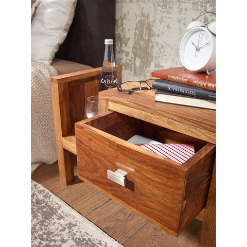 Rootz Bedside Table - Solid Wood Bedside Table - - Newspaper Rack - Drawer - Side Table - Brown