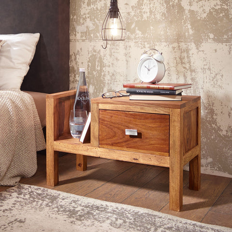 Rootz Bedside Table - Solid Wood Bedside Table - - Newspaper Rack - Drawer - Side Table - Brown