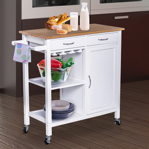 Rootz Kitchen Trolley - Serving Trolley - 2 Drawers - On Wheels - 4 Storage Compartments - 88.5 x 40 x 86 cm - White - Brown