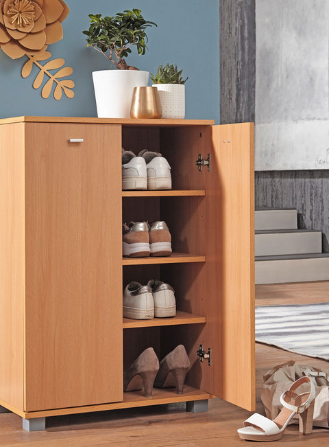 Rootz Shoe Cabinet - Modern Design - Beech Wood - 12 Pairs - 4 Compartments - 2 Doors - Space-saving Shoe Rack - 60 x 90 x 35 cm