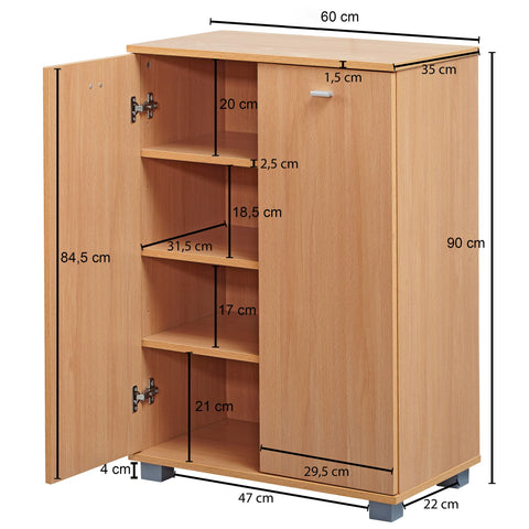 Rootz Shoe Cabinet - Modern Design - Beech Wood - 12 Pairs - 4 Compartments - 2 Doors - Space-saving Shoe Rack - 60 x 90 x 35 cm