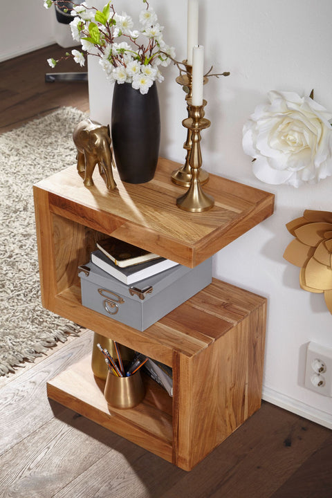 Rootz Beistelltisch – Massivholz – Akazie S Cube – 60 cm – Brauner Design-Couchtisch im Landhausstil