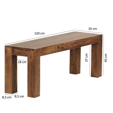 Rootz Dining Room Bench - Solid Wood Sheesham - Natural Country House Style - Kitchen Bench - 120x45x35cm