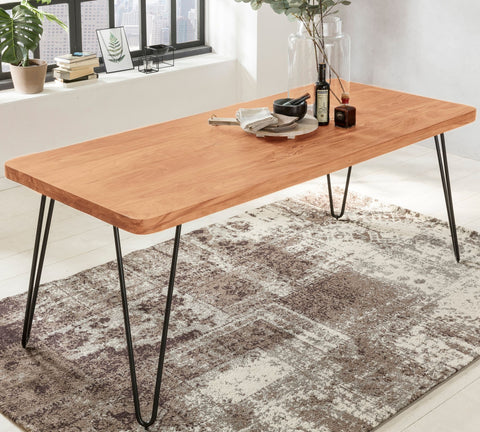 Rootz dining table solid wood Acacia 180 cm dining table wooden table Metal legs kitchen table Landhaus dark-brown