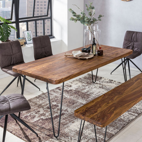 Rootz dining table solid wood Sheesham 160cm dining table wooden table Metal legs kitchen table Landhaus dark-brown