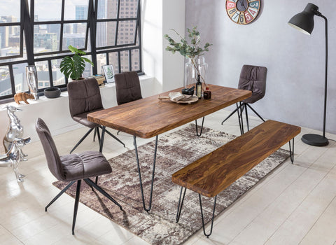 Rootz dining table solid wood Sheesham 160cm dining table wooden table Metal legs kitchen table Landhaus dark-brown