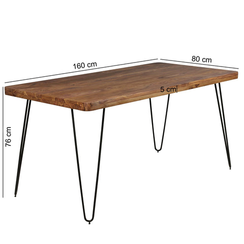 Rootz dining table solid wood Sheesham 160cm dining table wooden table Metal legs kitchen table Landhaus dark-brown