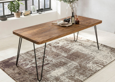 Rootz dining table solid wood Sheesham 120cm dining table wooden table Metal legs kitchen table Landhaus dark-brown