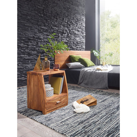 Rootz Bedside Table - Side Table - Solid Wood - Wood - 1 Drawer - Brown - Open Compartment - 45 x 53 x 40 cm