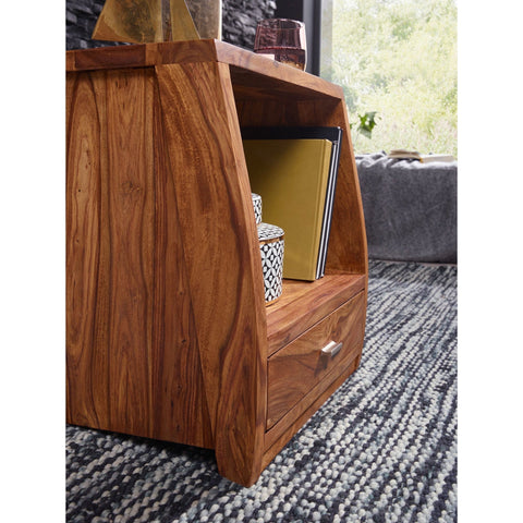 Rootz Bedside Table - Side Table - Solid Wood - Wood - 1 Drawer - Brown - Open Compartment - 45 x 53 x 40 cm