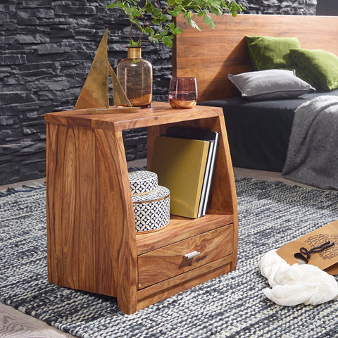 Rootz Bedside Table - Side Table - Solid Wood - Wood - 1 Drawer - Brown - Open Compartment - 45 x 53 x 40 cm