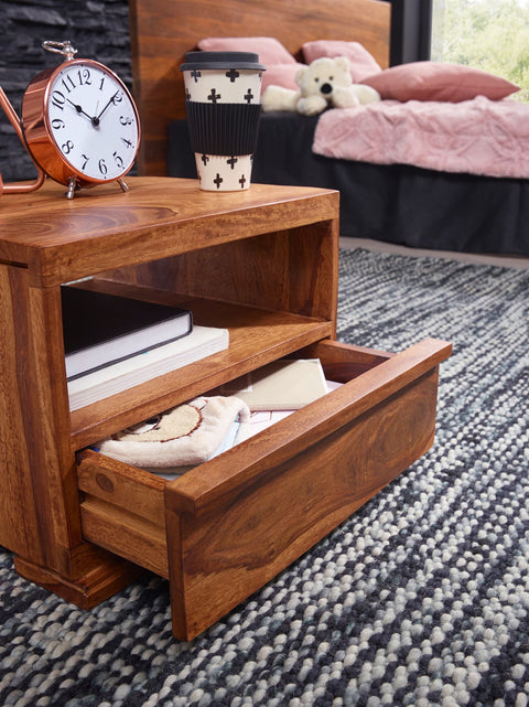 Rootz Bedside Table - Sheesham Wood - 1 Drawer Shelf - Country-Style - Solid Wood - 30 cm Cabinet