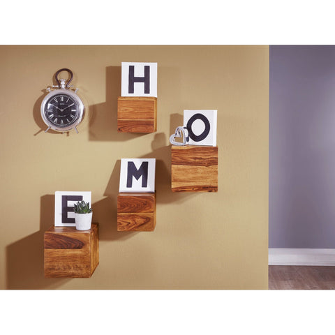 Rootz Wall Shelves - Set Of 4 - Blocks - 25/20 cm - Brown - Solid Wood - - Decoration