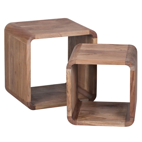 Rootz Side Tables - Set Of 2 - Bedside Tables - Cube - Open Storage Space - Solid Wood - Acacia - Brown