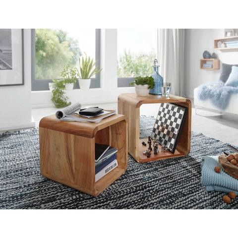 Rootz Side Tables - Set Of 2 - Bedside Tables - Cube - Open Storage Space - Solid Wood - Acacia - Brown