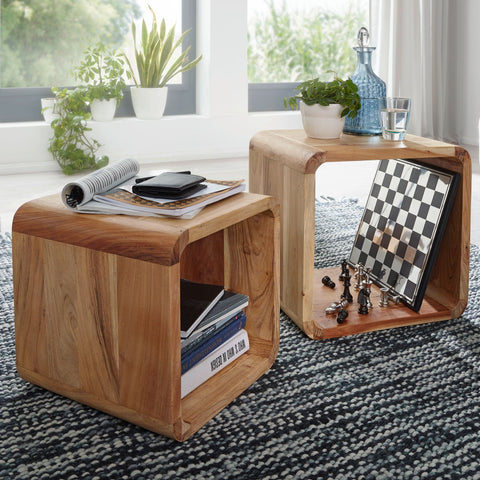 Rootz Side Tables - Set Of 2 - Bedside Tables - Cube - Open Storage Space - Solid Wood - Acacia - Brown