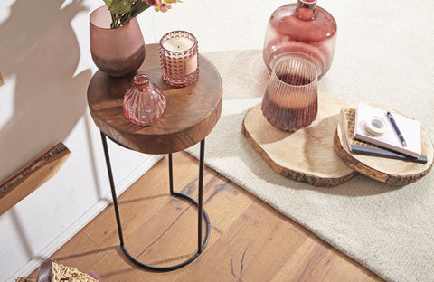 Rootz Side Table - Solid Wood Sheesham - Metal Legs - Country House Style - Tree Trunk Shape - Natural and Real Wood