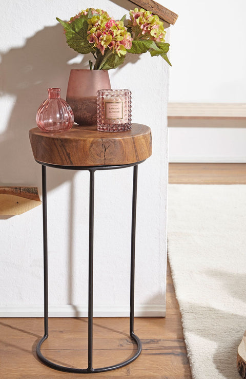 Rootz Side Table - Solid Wood Sheesham - Metal Legs - Country House Style - Tree Trunk Shape - Natural and Real Wood