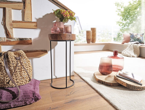 Rootz Side Table - Solid Wood Sheesham - Metal Legs - Country House Style - Tree Trunk Shape - Natural and Real Wood