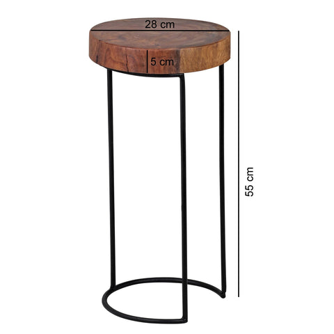Rootz Side Table - Solid Wood Sheesham - Metal Legs - Country House Style - Tree Trunk Shape - Natural and Real Wood