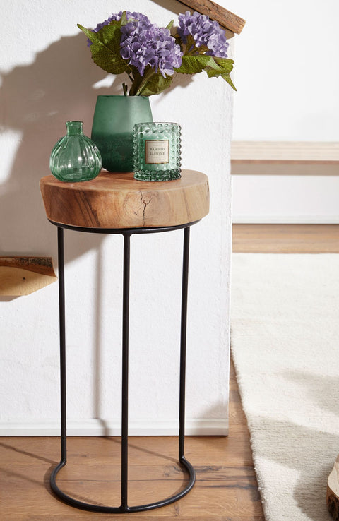 Rootz Side Table -  Solid Wood Acacia - Metal Legs - Country House Style - Tree Trunk Shape - Natural and Real Wood