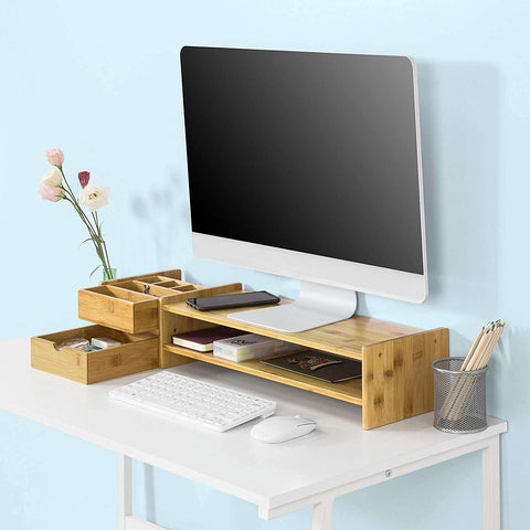Rootz Bambus-Monitorständer – Computerbildschirm – Monitorständer – Monitorerhöhung, Schreibtisch-Organizer, 2 Regale, 2 Schubladen