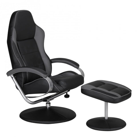 Rootz Lounge Chair – vom Rennsport inspiriertes Design aus schwarzem und grauem Kunstleder – drehbar mit Racer-Hocker 