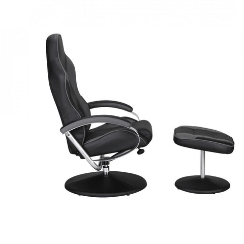 Rootz Lounge Chair – vom Rennsport inspiriertes Design aus schwarzem und grauem Kunstleder – drehbar mit Racer-Hocker 