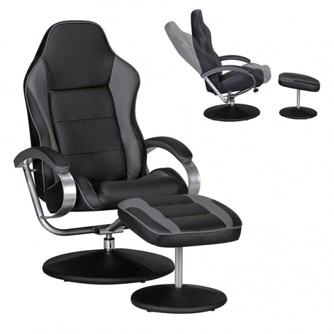 Rootz Lounge Chair – vom Rennsport inspiriertes Design aus schwarzem und grauem Kunstleder – drehbar mit Racer-Hocker 