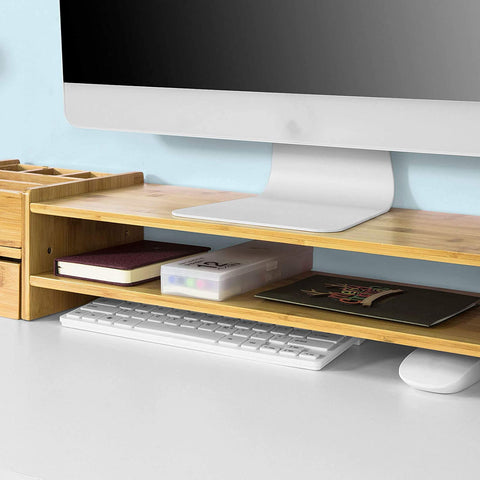 Rootz Bambus-Monitorständer – Computerbildschirm – Monitorständer – Monitorerhöhung, Schreibtisch-Organizer, 2 Regale, 2 Schubladen