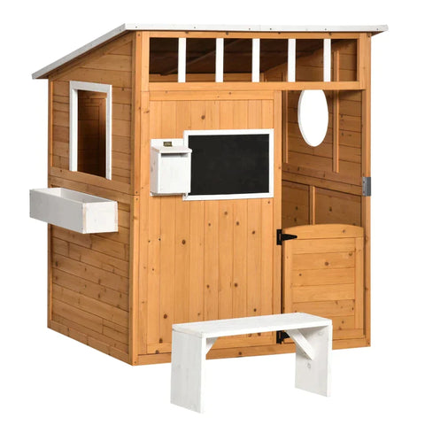 Rootz Speelhuis Voor Kinderen - Houten Kinderspeelhuis Met Raam - Brievenbus - Buitentuin Speelhuis Met Bloempotrek - Houten Speelhuis - Dennenhout - Geel - 122 x 108 x 135,5 cm
