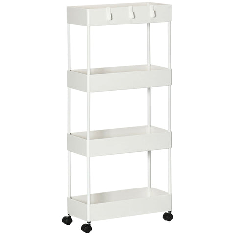 Rootz Kitchen Trolley - Serving Trolley - Kitchen Cart - With 4 Shelves - 3 Flexible Hooks - 4 Casters - White - 40cm x 19cm x 90cm