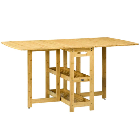 Rootz Folding Table - Dining Table - Two Foldable Sides - Two Shelves - Adjustable Feet - Bamboo - 149.5 x 80 x 73.5 cm