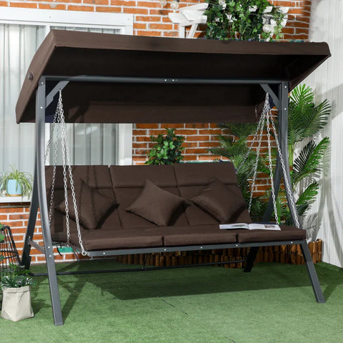 Rootz 3-person Porch Swing - Garden Swing - Adjustable Sun Canopy - Up To 270 Kg - Brown - 198 x 118 x 168 cm