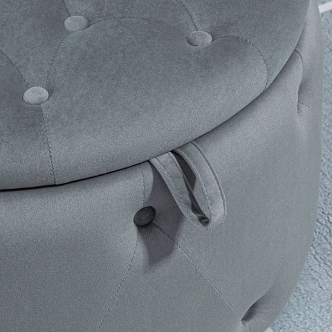 Rootz Stool - Round - With Storage Compartment - Quilted Design With Buttons - Cover In Velvet Look - Gray - 60 x 60 x 40cm