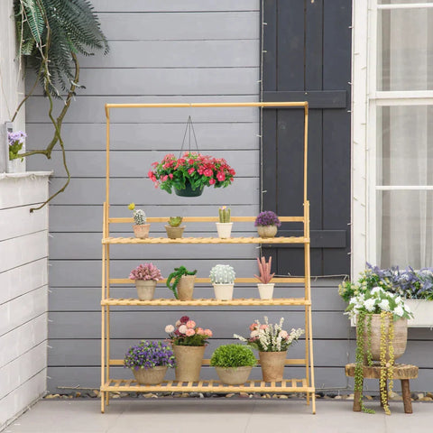 Rootz Houten Plantenstandaard - Ladderplank - Verstelbaar - Hanghoogte Bloemenstandaard - Hangende Bamboe - Naturel - Binnen - Buiten - 100 x 40 x 143 cm