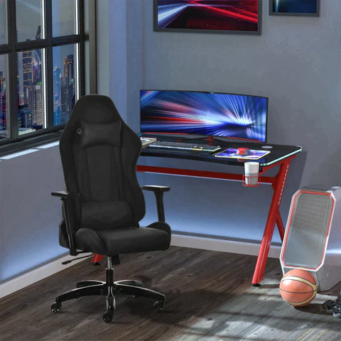 Rootz Gaming Stuhl – Bürostuhl – Ergonomischer Drehstuhl mit Kopfstütze – Stuhl mit Wipp- und Liegefunktion – Lendenkissen – 90–160° Neigungswinkel – Kunstleder – Schwarz – 71 x 58 x 125–131 cm