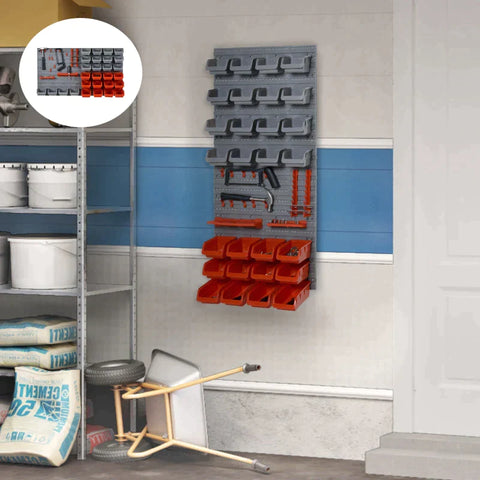 Rootz Pegboard - Perforated Tool Set - Wall Shelf - 44 Pieces Tool Board - Wall Holder Tool - Stackable Containers - Grey/Red - 63.5 x 22.5 x 95.5 cm